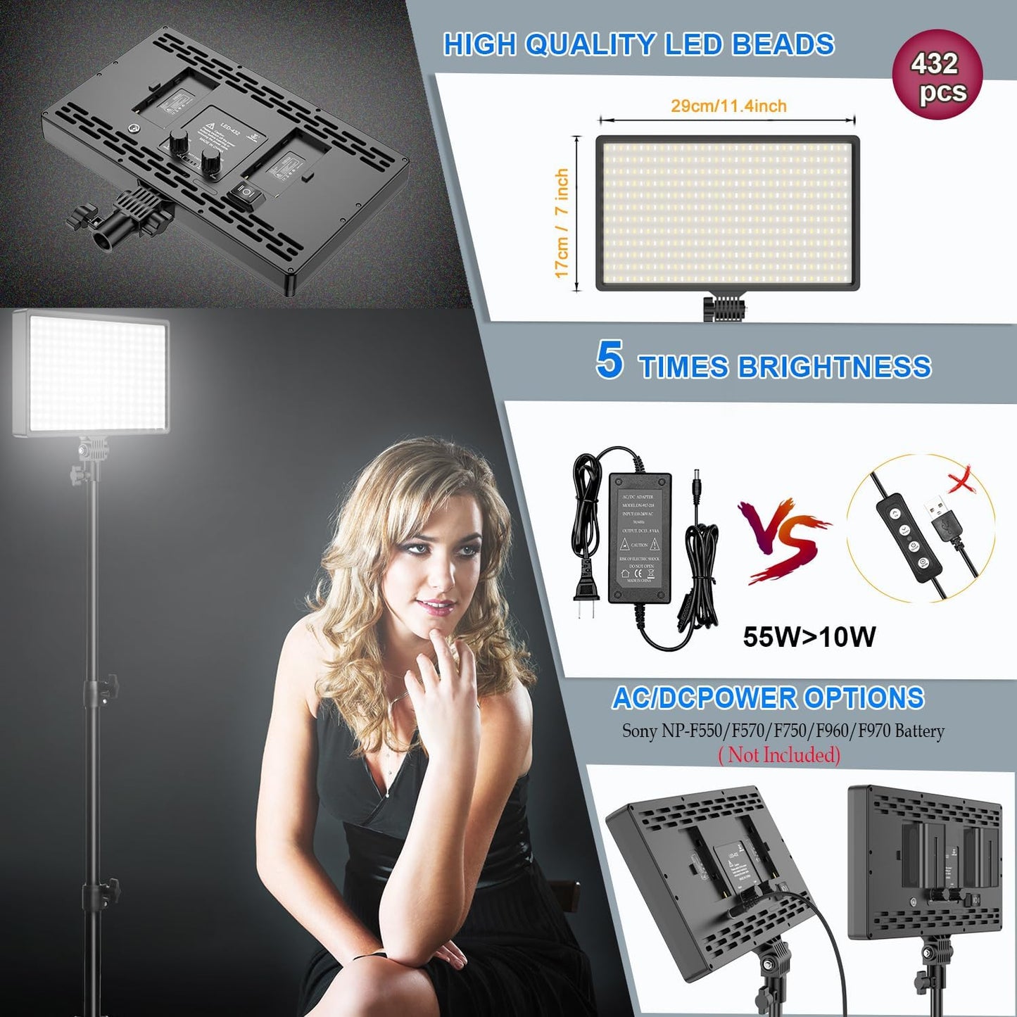 2 Packs Dimmable Bi-Color 432 LED Video Light and Stand Lighting Kit,50W,Add More Remote Controllers, 360 ° Ball Heads, Phone ans Tablet Holders
