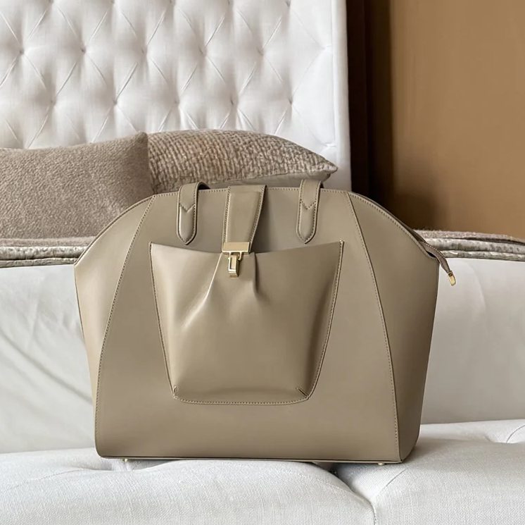Beige Leather Front Pocket Commuter Tote Bag