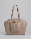 Beige Leather Front Pocket Commuter Tote Bag