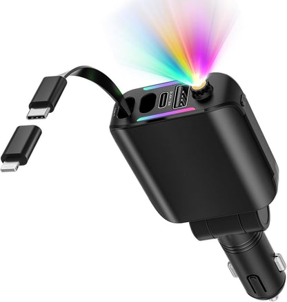 4-in-1 Ultra Fast Retractable Car Charger With Starry Sky Projection Night Light, Car Atmosphere Light, 2 USB Ports