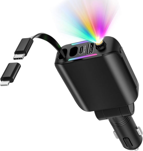 4-in-1 Ultra Fast Retractable Car Charger With Starry Sky Projection Night Light, Car Atmosphere Light, 2 USB Ports