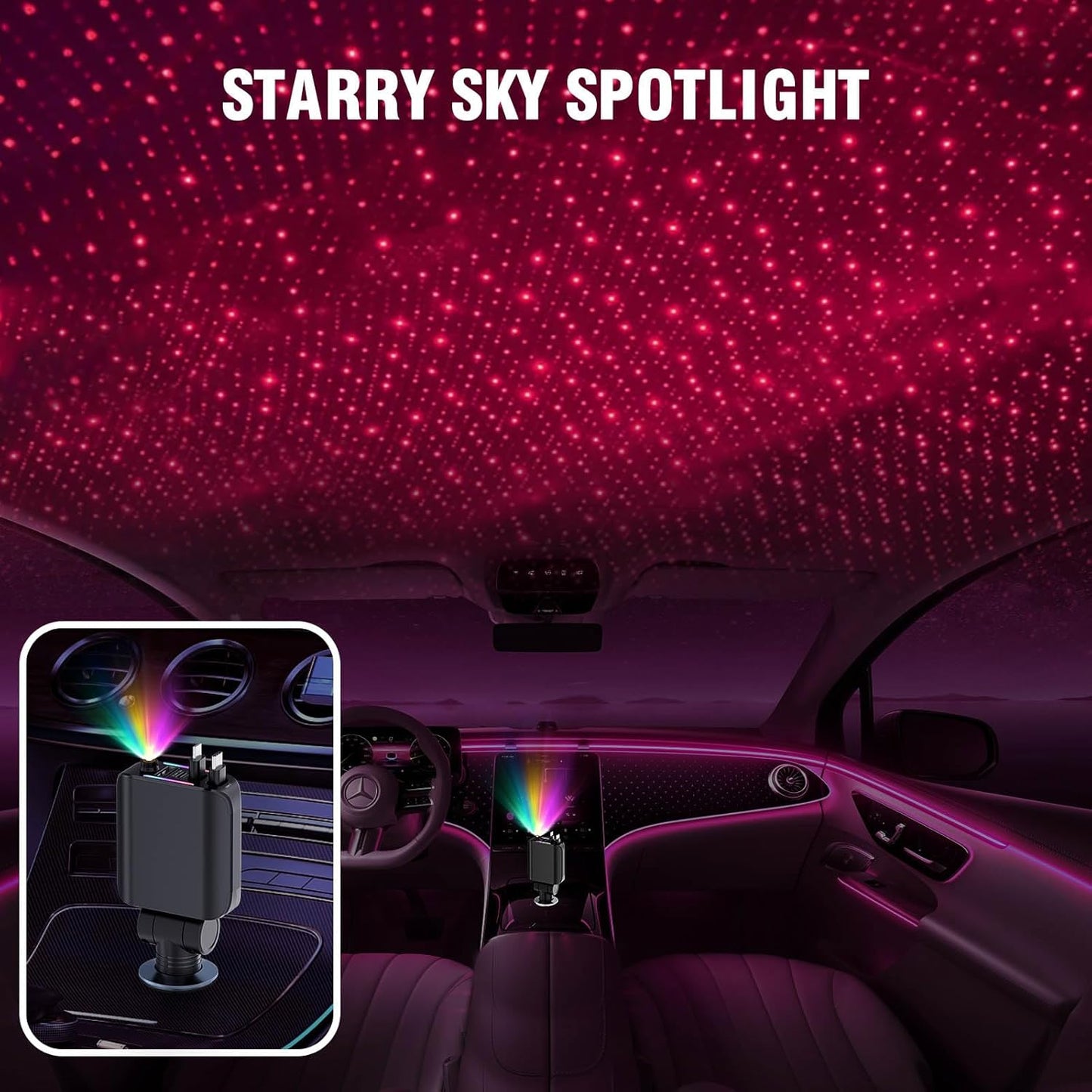 4-in-1 Ultra Fast Retractable Car Charger With Starry Sky Projection Night Light, Car Atmosphere Light, 2 USB Ports