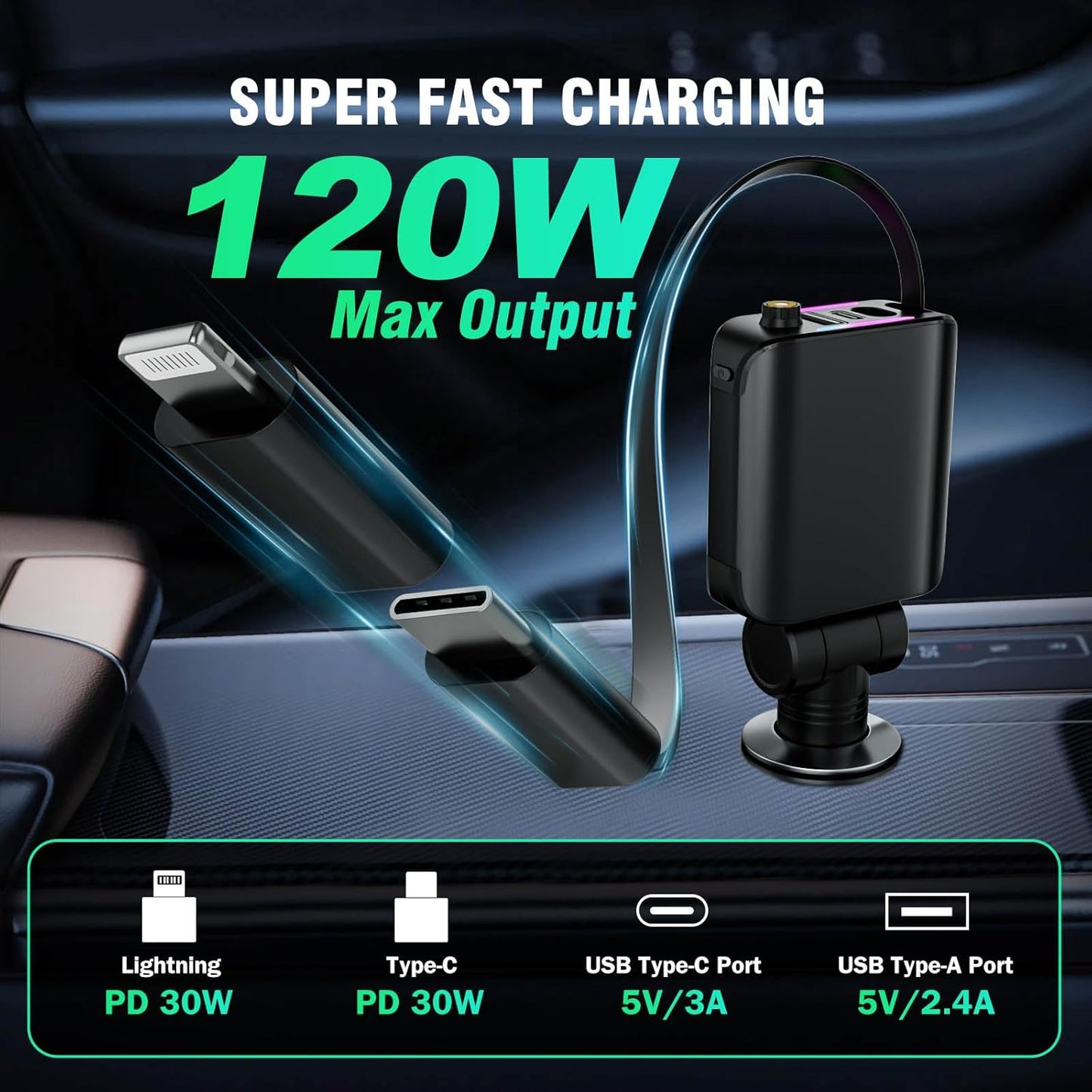 4-in-1 Ultra Fast Retractable Car Charger With Starry Sky Projection Night Light, Car Atmosphere Light, 2 USB Ports