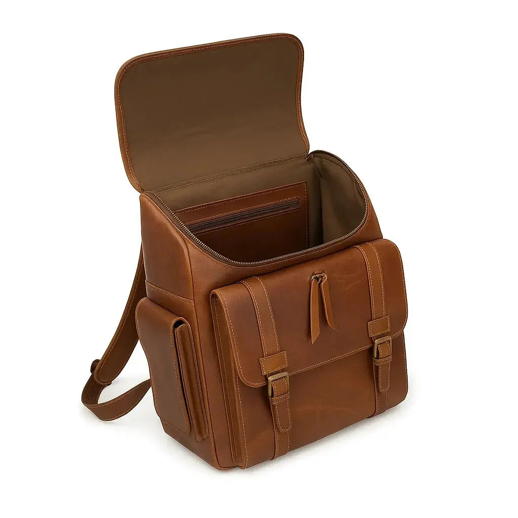 Multi-Pocket Full Grain Leather Crossbody Backpack