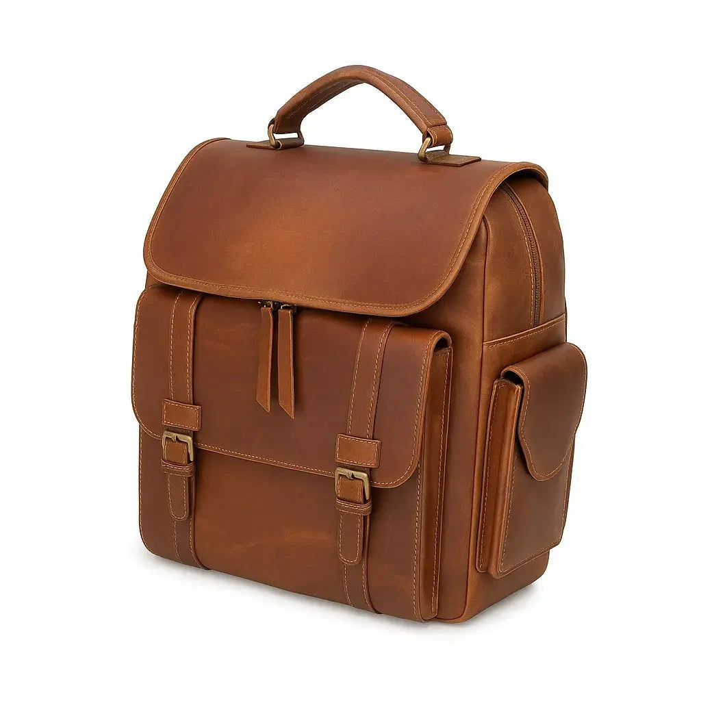 Multi-Pocket Full Grain Leather Crossbody Backpack