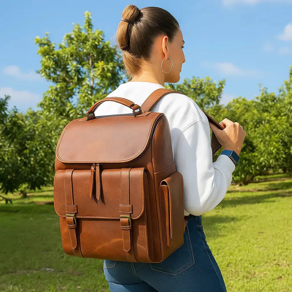 Multi-Pocket Full Grain Leather Crossbody Backpack