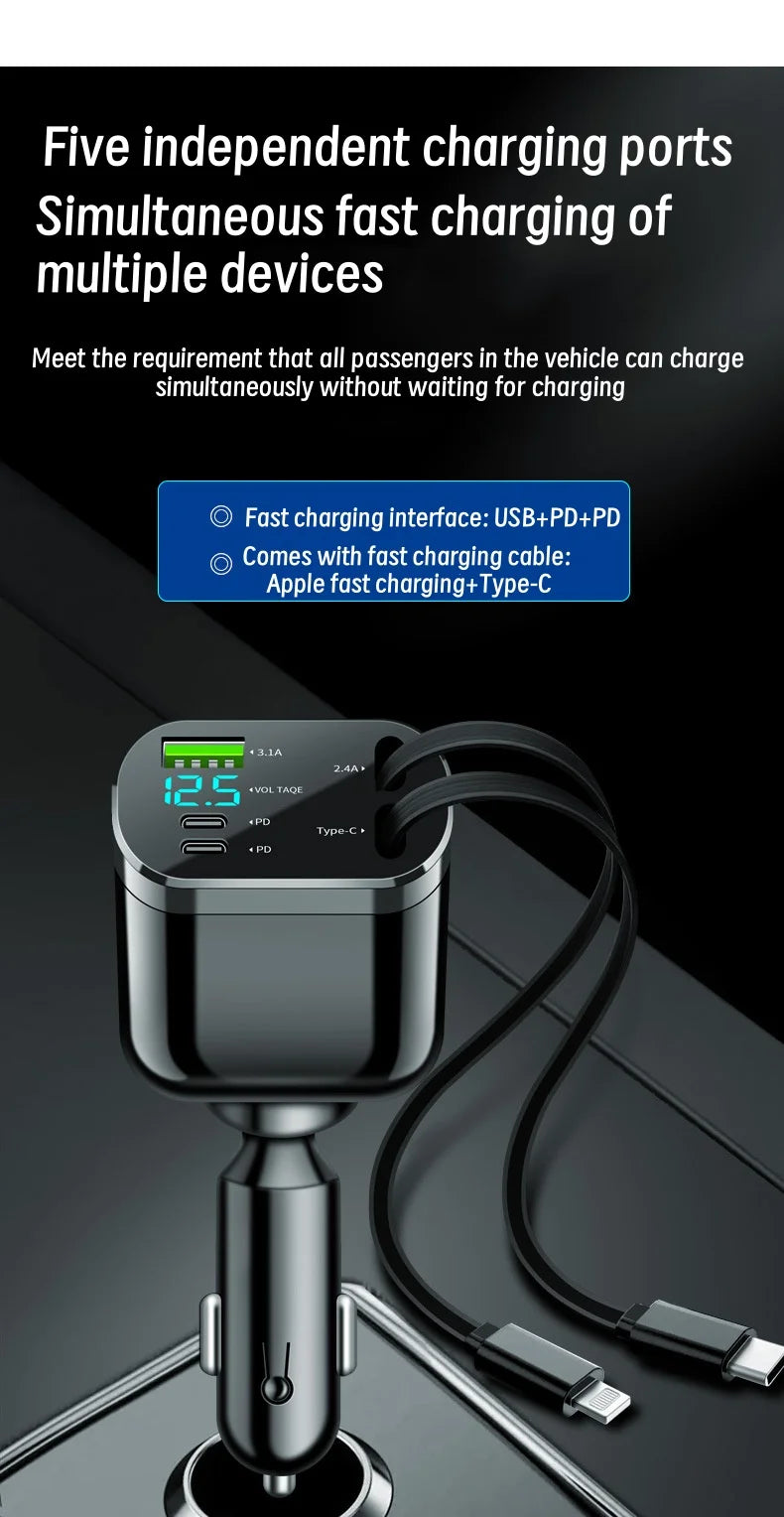 Ultra Fast Charging Five in One USB Car Phone Charger with Intelligent Digital Display and Dual PD Ports for Voltage Display
